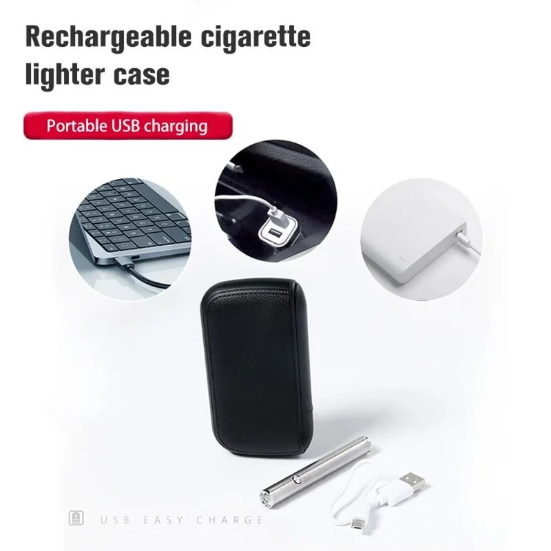 New Imitation Leather Cigarette Case with USB Tungsten Electronic Lighter Cigarette Case Men's Exquisite Gift Cigarette Tool view 4