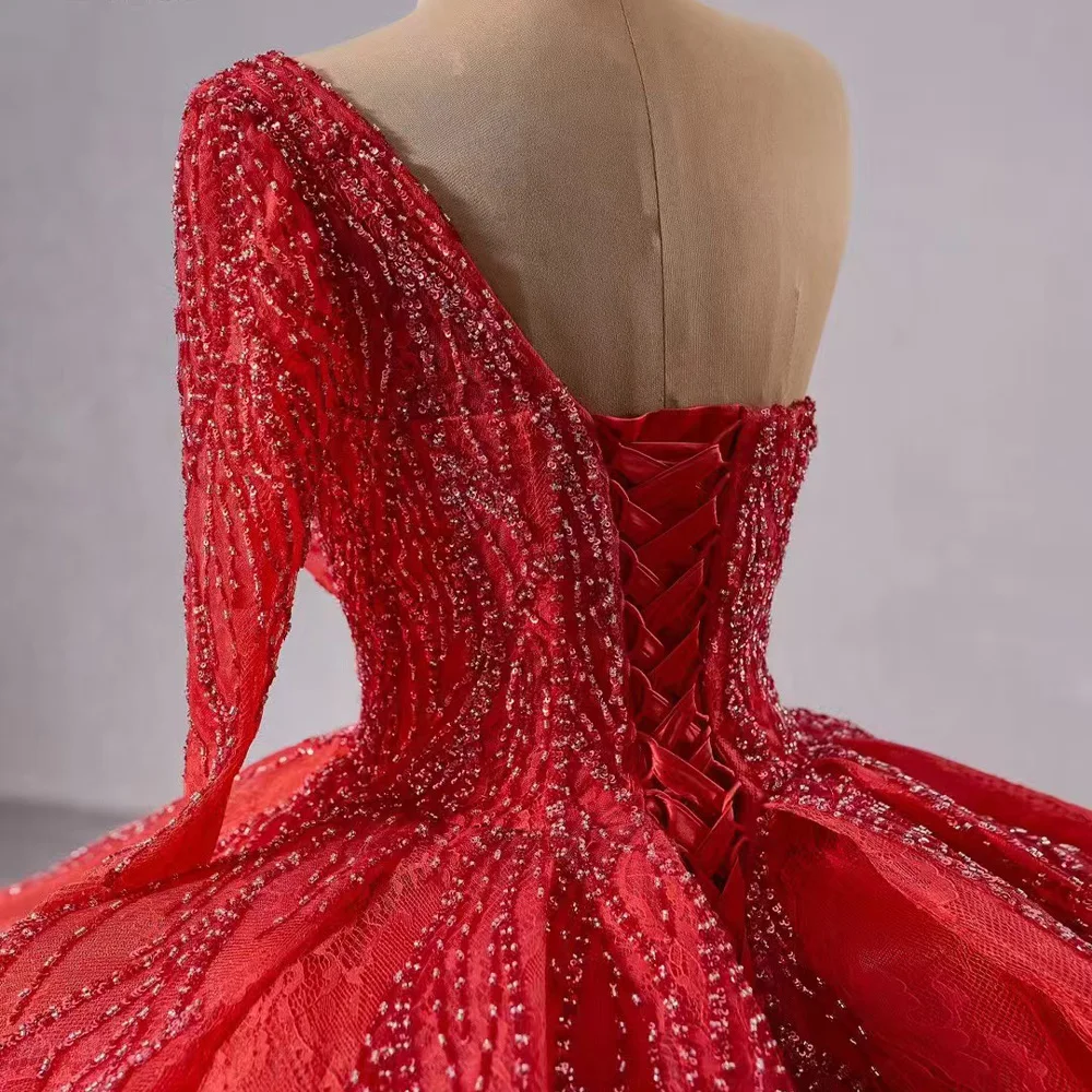 Customizable Red One-Shoulder Sweetheart Evening Dress With Lace-Up Back And Sequined Fit