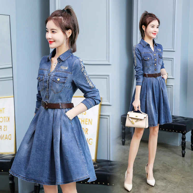 Blue Women Jeans Dress Women2023 Fashion Casual High Street Long Sleeve Denim A-Line Pleated Dress With Belt Elegant Vestidos