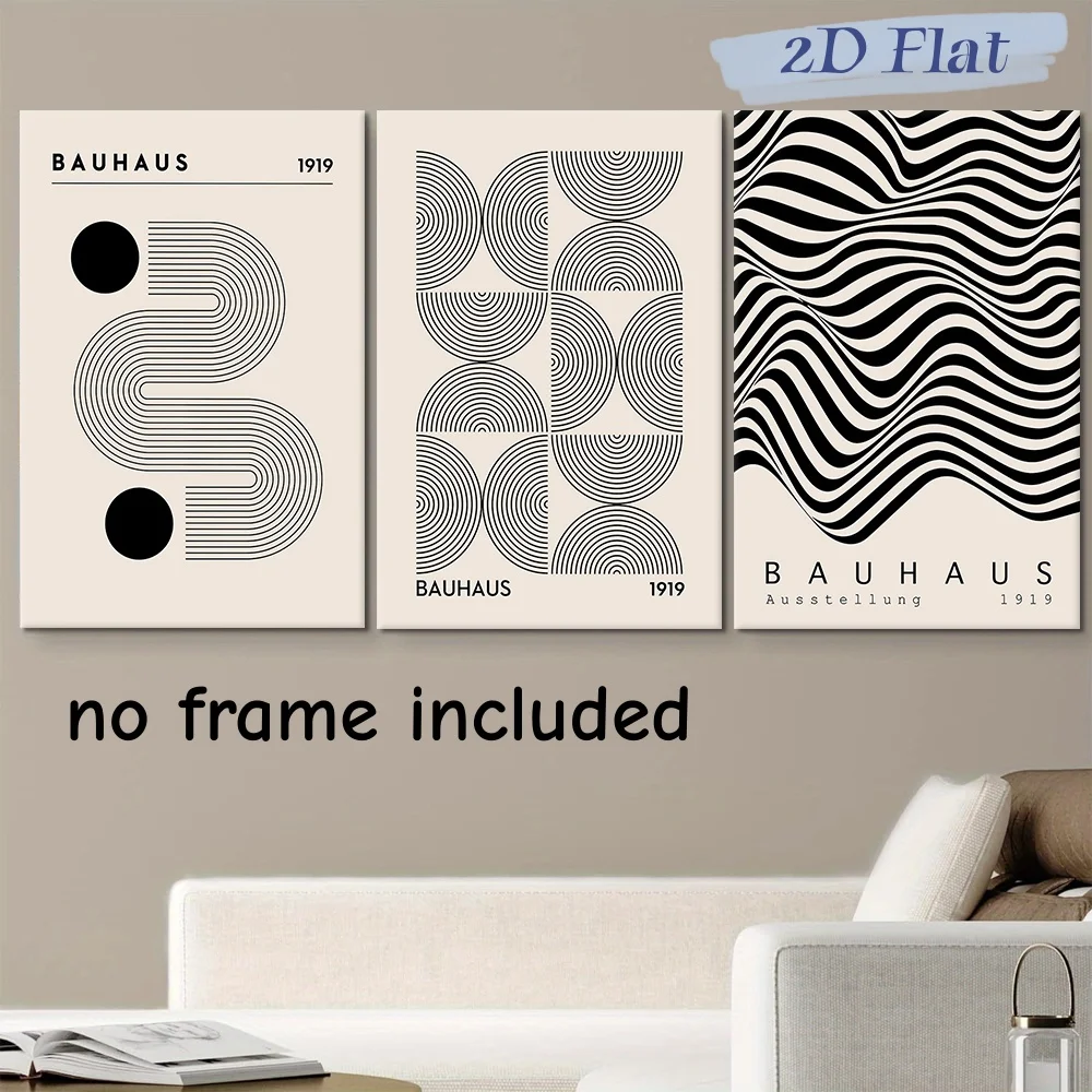 2D Flat,3pcs frameles,3-piece set of Bauhaus style canvas wall paintings 1919 abstract geometric patterns minimalist black and w