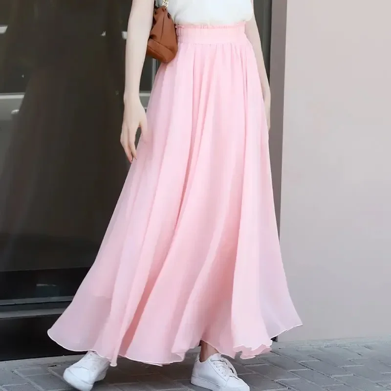 New Summer Chiffon Skirts Plus Size Full-Length Skirt High Waist Elegant Dance Skirt Pink Black Red Royal Blue White Long Skirts