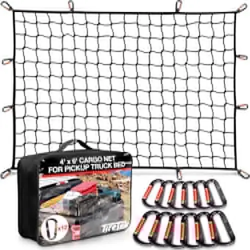 

Heavy Duty 4x6 ft Truck Bed Cargo Net – Expands to 8x12 ft, Double-Layer Mesh with 12 Metal Carabiners & Hooks