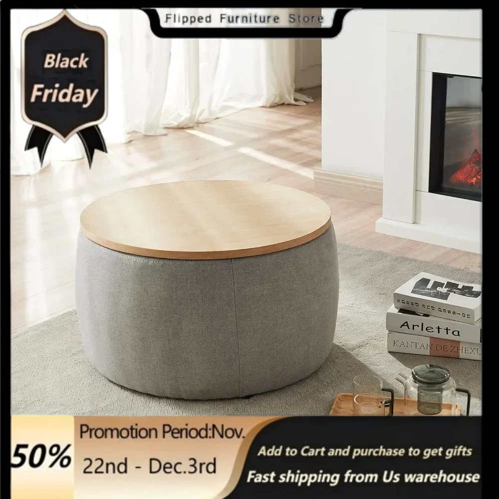 Modern Round Storage Ottoman with Wooden Lid,Circle Ottoman Handmade Coffee End Table & Footstool for Living Room (Light Gray)