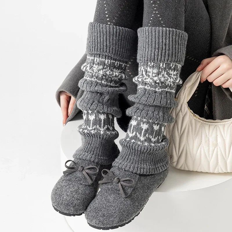 

Women's Warm Socks Knitted Vintage Jacquard Calf Leg Brace Thicken Foot Warmers Grey Diamond Shaped Loose Sock Covers NEW