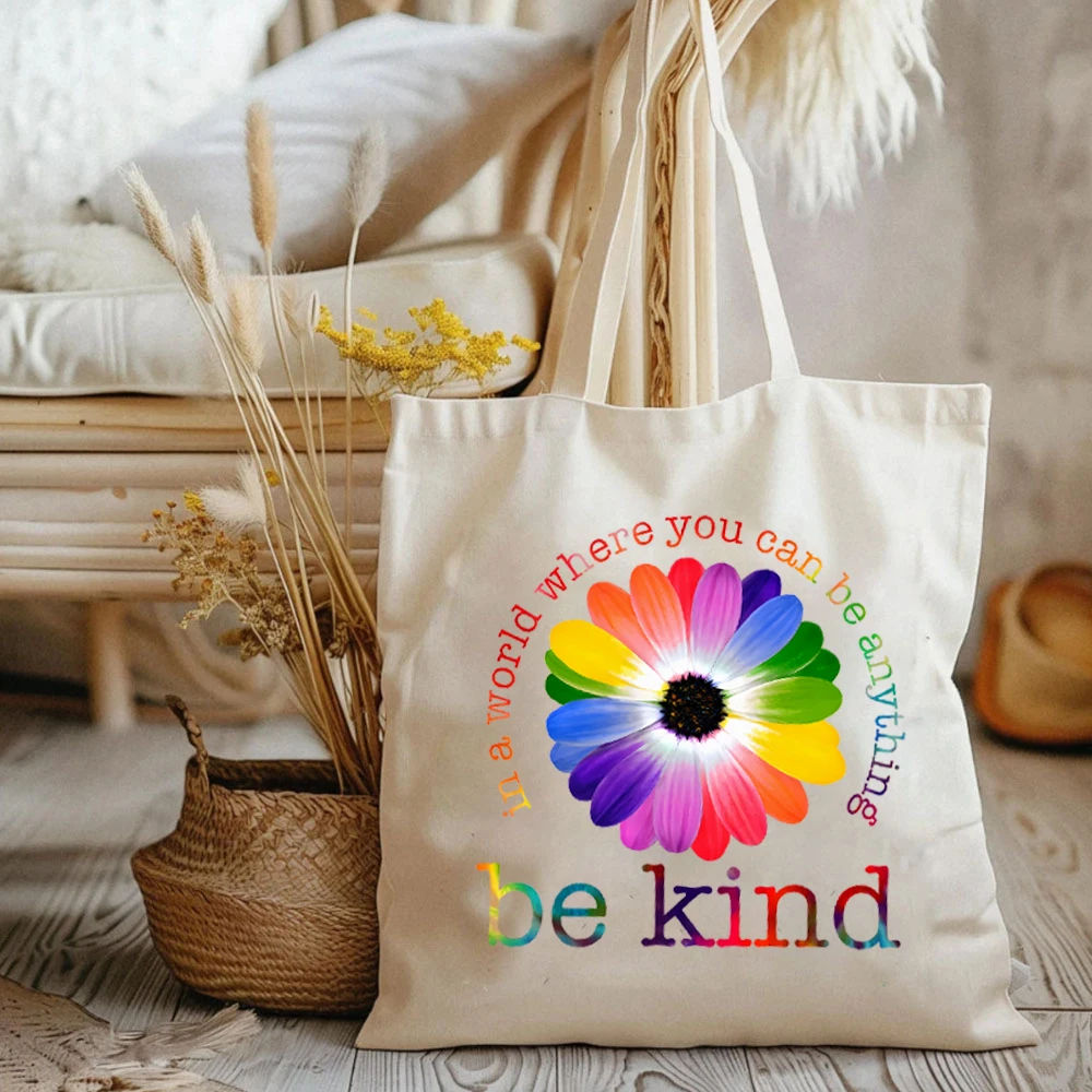 Be Cool Be Kind Retro Rainbow Print Tote Bags Kindness Ladies Shoulder Bag Shopping Bag Large Capacity Canvas Women Elegant Bags