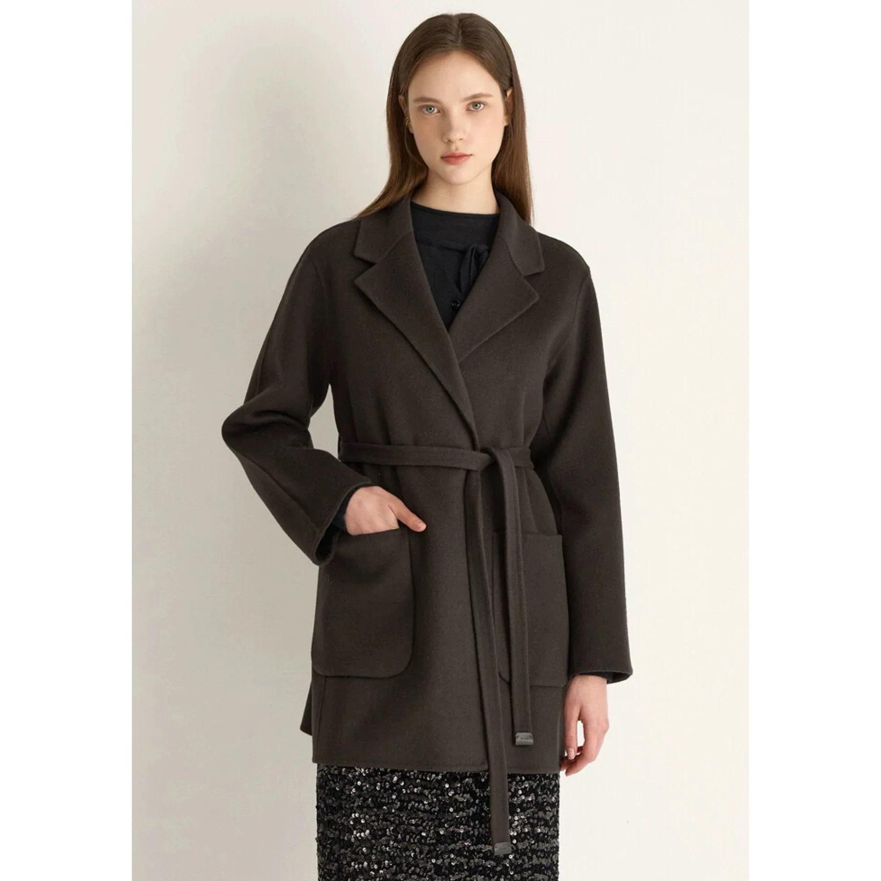 

Double-Sided Camere Wool Coat Lemon Cheese MIN25 Winter Turn-Down Collar Belted Versatile Hand-Stitched Jaet Outerwear