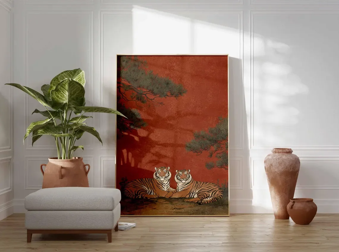 Japanese Tiger Poster, Vintage Wildlife Art Print, Red Oriental Wall Art, Traditional Woodblock Style, Zen Nature Home Decor image 6