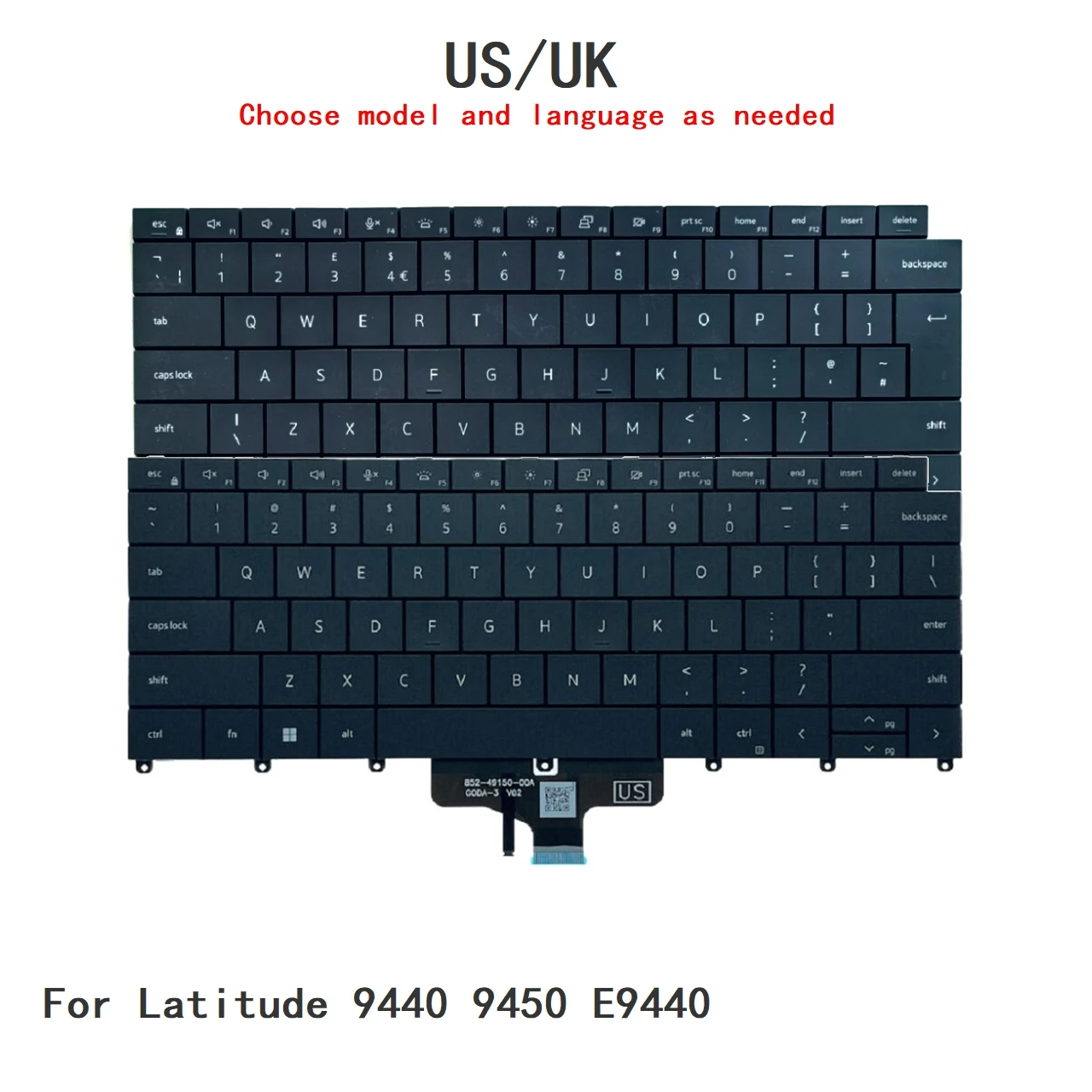 New US UK Language  Backlit Keyboard For Dell Latitude 9440 9450 E9440 Notebook PC Replacement Keyboard 0242RJ