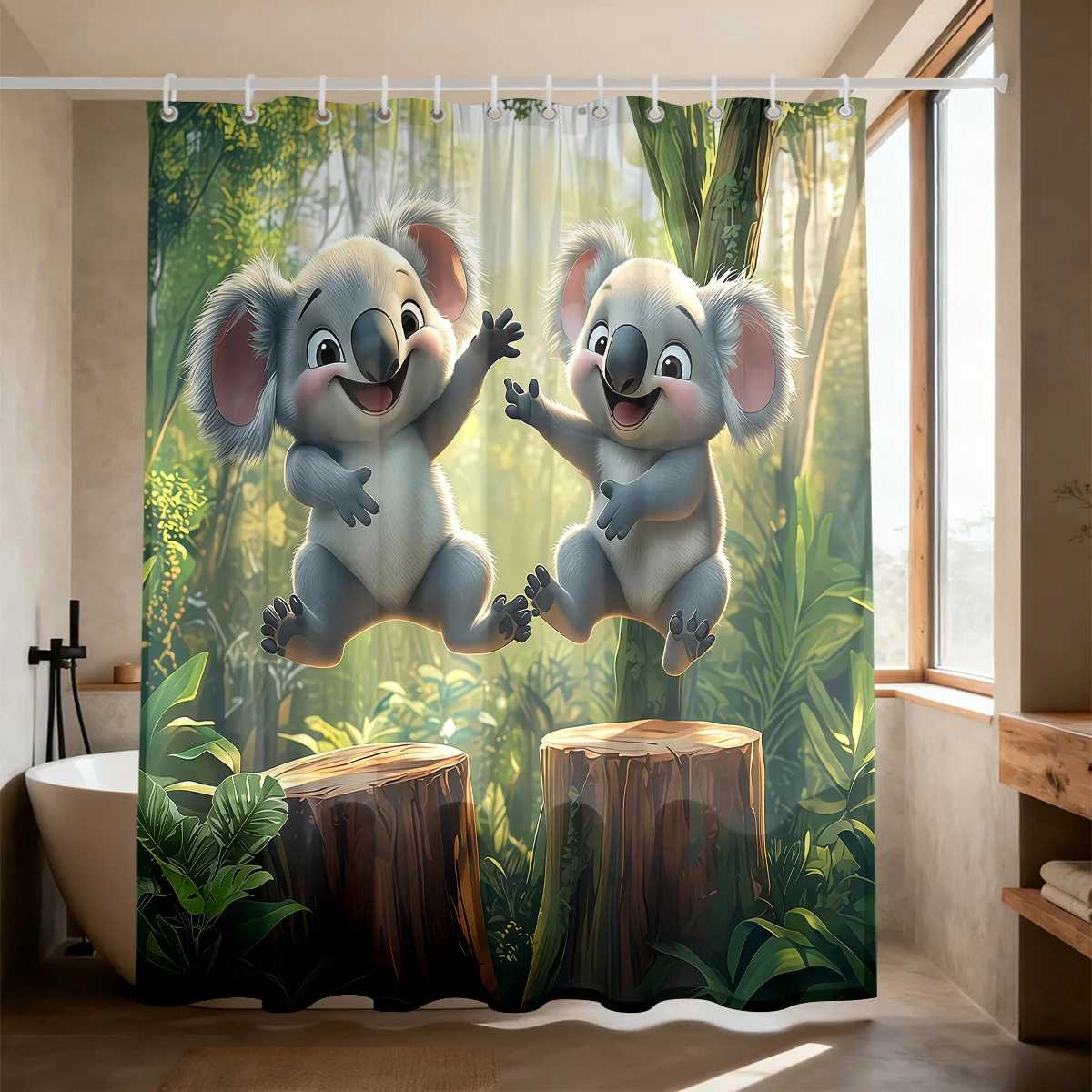 Sweet Smiling Cartoon Koala Pair Playing On Tree Stumps In Sunlit Tropical Green Forest Flannel Cozy Soft Warm 