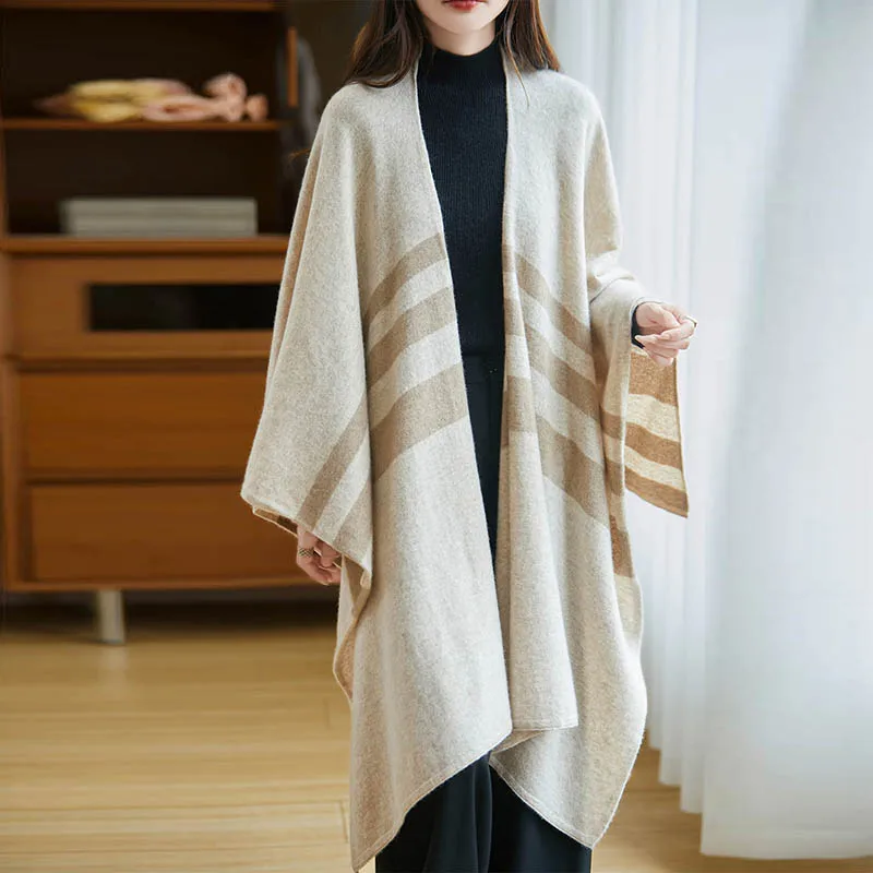 

Модная элегантная удобная накидка из 100% шерсти, вязаный кардиган в полоску, пончо, женская осенне-зимняя шаль, длинное толстое одеяло