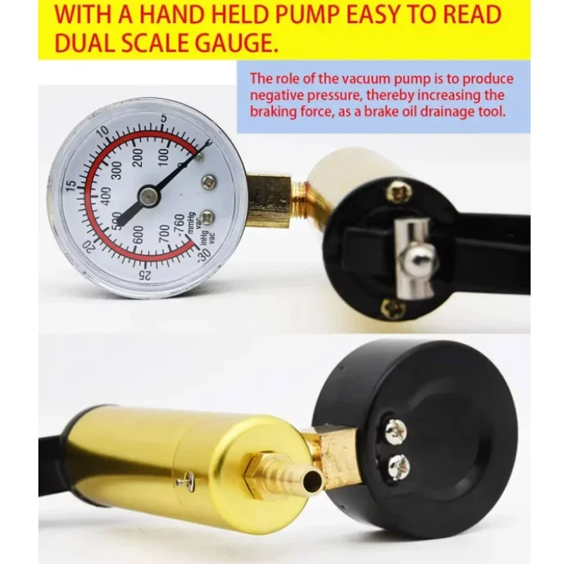 Portable durable aluminum vacuum gauge Manual vacuum pressure pump brake fluid discharge kit Vacuum pistol pump test kit