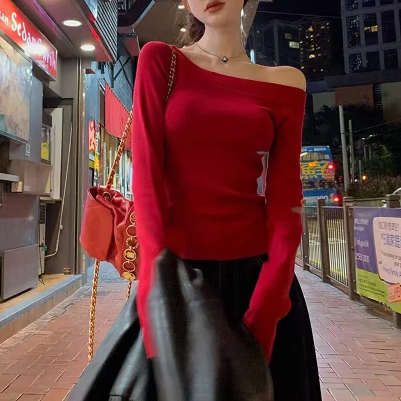 Prendas de punto lisas elegantes Y2k, suéter de punto de manga larga con hombros descubiertos, camisa de fondo ajustada, Jersey sencillo informal de otoño, Tops