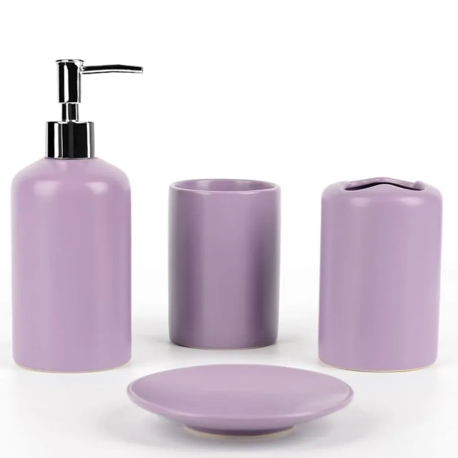 

4 Piece Ceramic Bathroom Accessories Set - Purple - Designer Soap or Lotion Dispenser Toothbrush Holder Tumbler Soap Dish for M