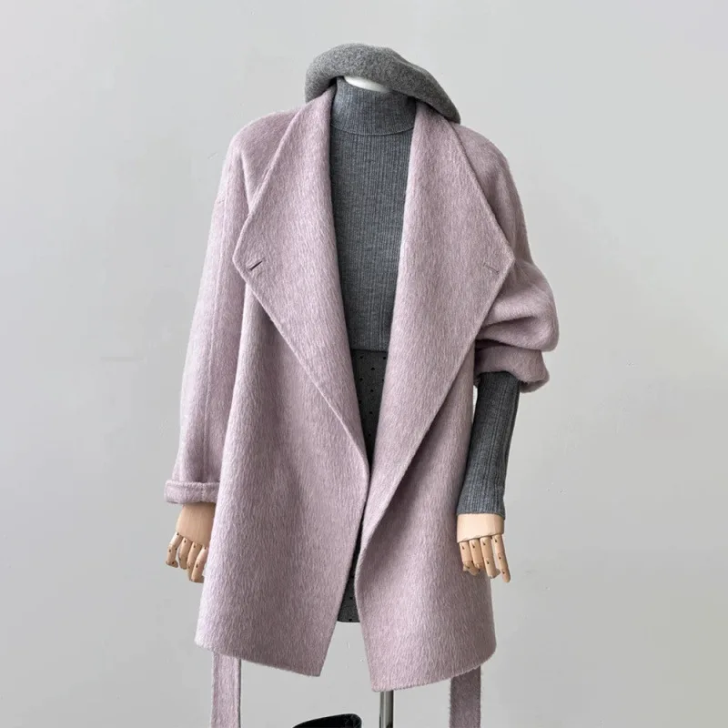 معطف صوفي نسائي عصري فضفاض مناسب برقبة دائرية متعدد الألوان للخريف/الشتاء صوف على الوجهين