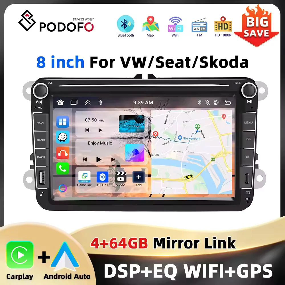 Autoradio Podofo 4+64G 8'' pour VW/BEETLE/GOLF/PASSAT/TOURAN, lecteur multimédia Android Auto Carplay WIFI Bluetooth GPS.