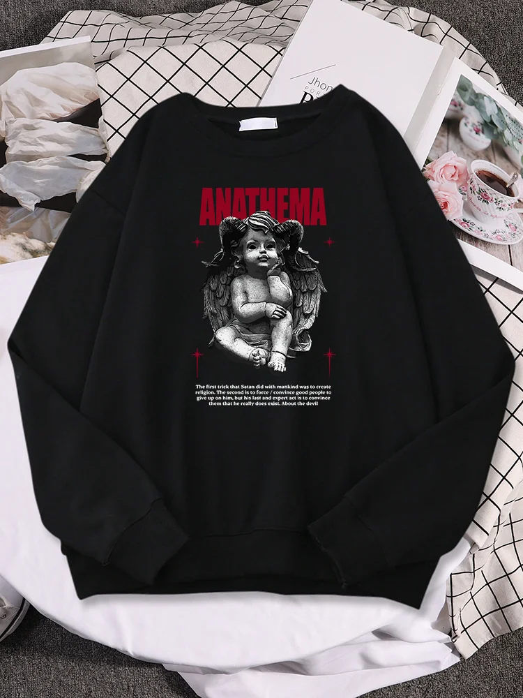 Anathema Sculpture Of A Child With Goat Horns And Wings Gothic Women Hoodie O-Neck Street Clothes Oversize Casual Woman Pullover