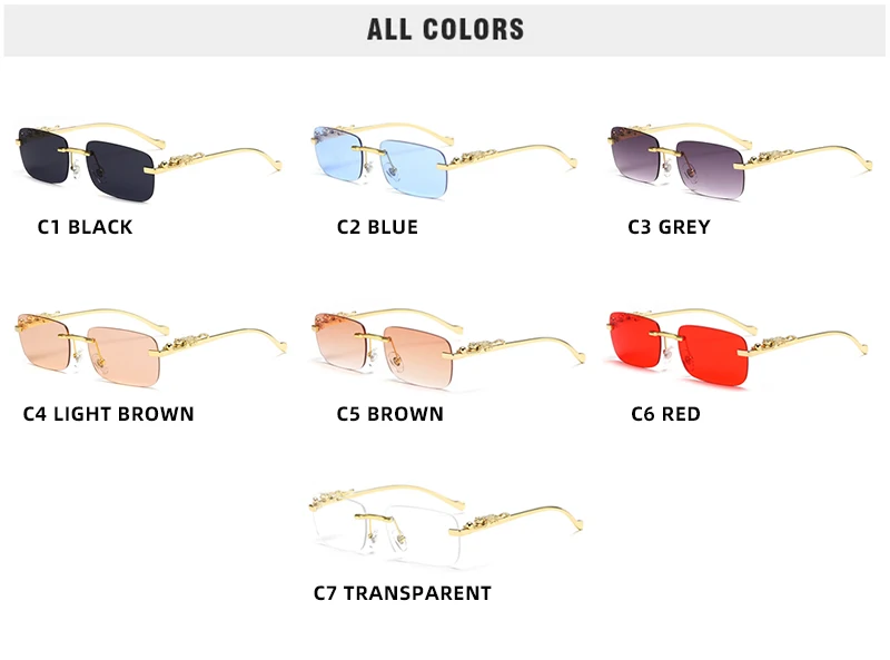 Klassische randlose Sonnenbrille für Herren und Damen, modisch, Leoparden-Dekoration, kleine Sonnenbrille, stilvoll, rahmenlos, zum Fahren, Reisen – Detail 7