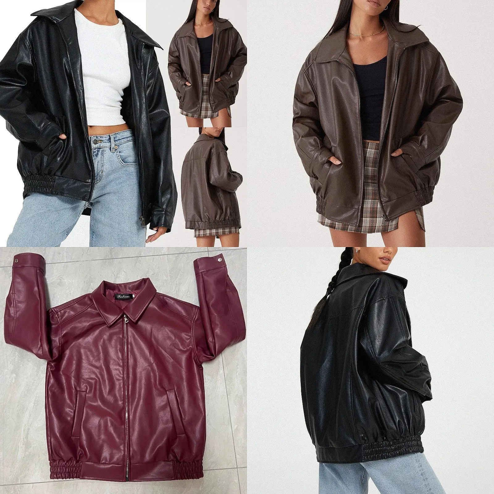 

PU Leather Motorcycle Jacket Women Retro Biker Coat Oversized Zip Up Plus Size Tops