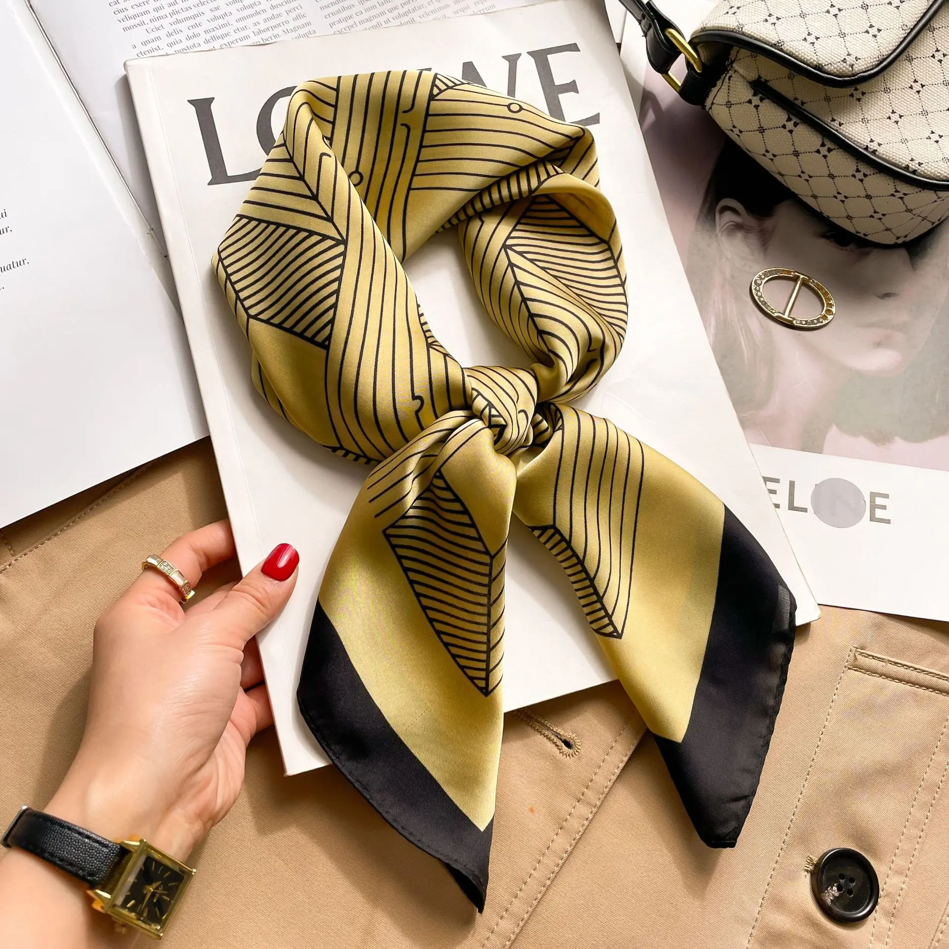 Paisley Houndstooth Printed Square Scarf Coffee Color Thin Smooth Neck Scarf Vintage Style Sunscreen Headscarf For Women 70cm image 2