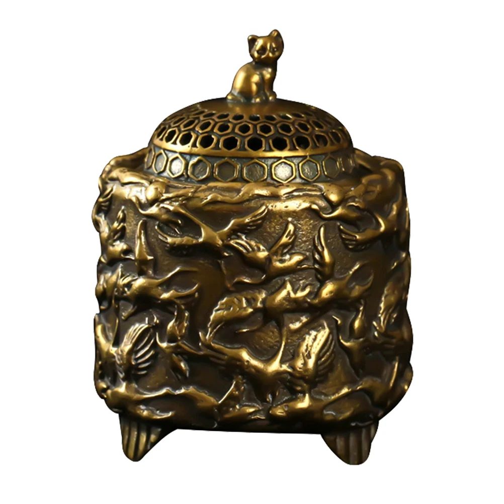 

1pc Brass Censer Decor Vintage Incense Burner For Home Office Tea Room Decoration Cranes Pattern Aroma Burner Ornament