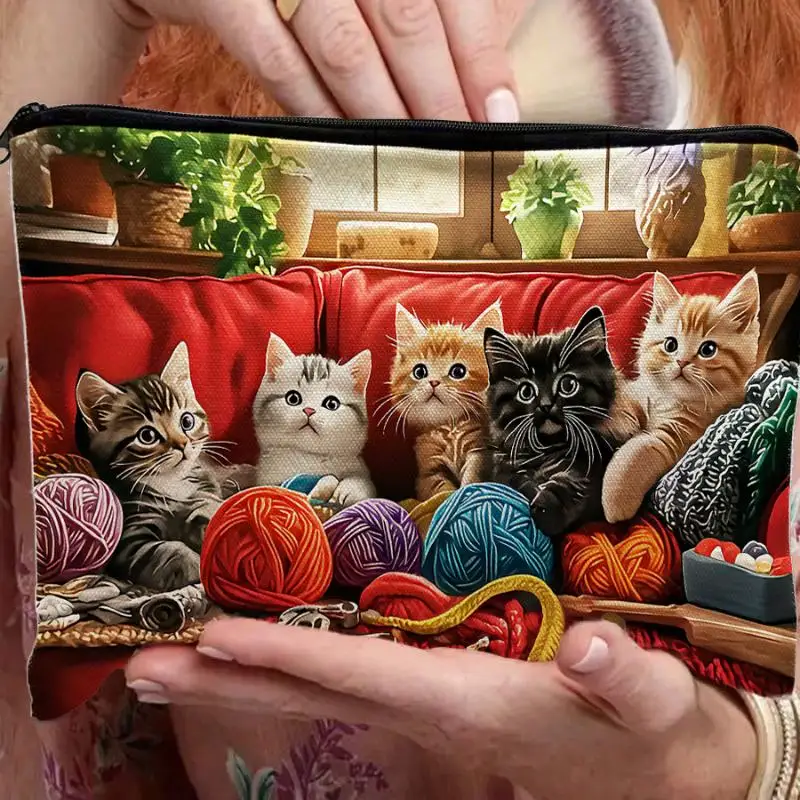 Cute Cat Makeup Bag Foldable Space-saving Zipper Pouch for Women Travel Cosmetic Jewelry Storage