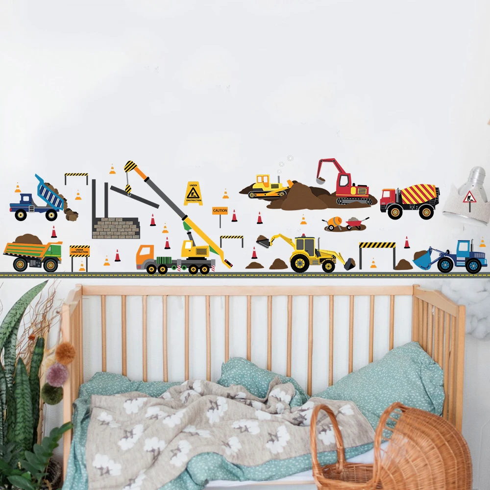 Multicolor Construction Truck Car Wall Sticker Playroom Kids Room Building Crane Roller Road Wall Decal Bedroom Home Decor