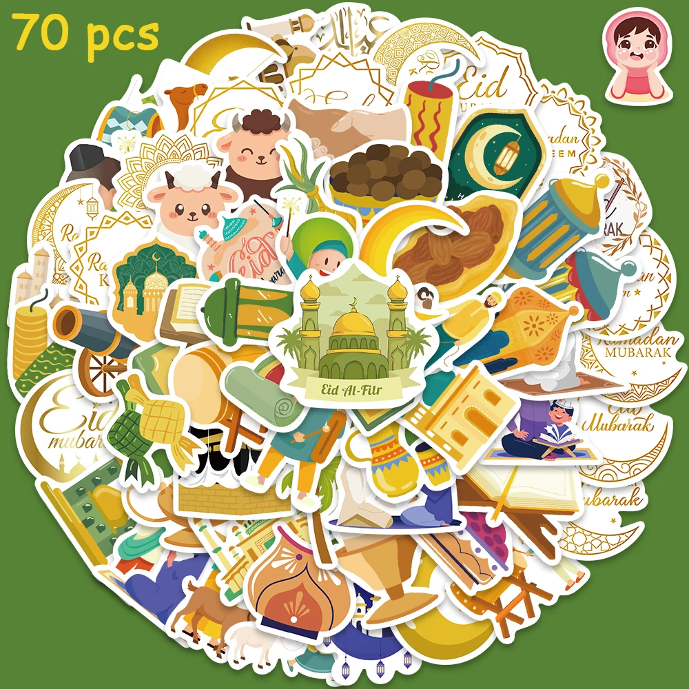 70pcs Eid Mubarak Sticker For Diary Phone Luggage Fridge Closet Wallet Backpack Decal Decoration Sticker Holiday Gift