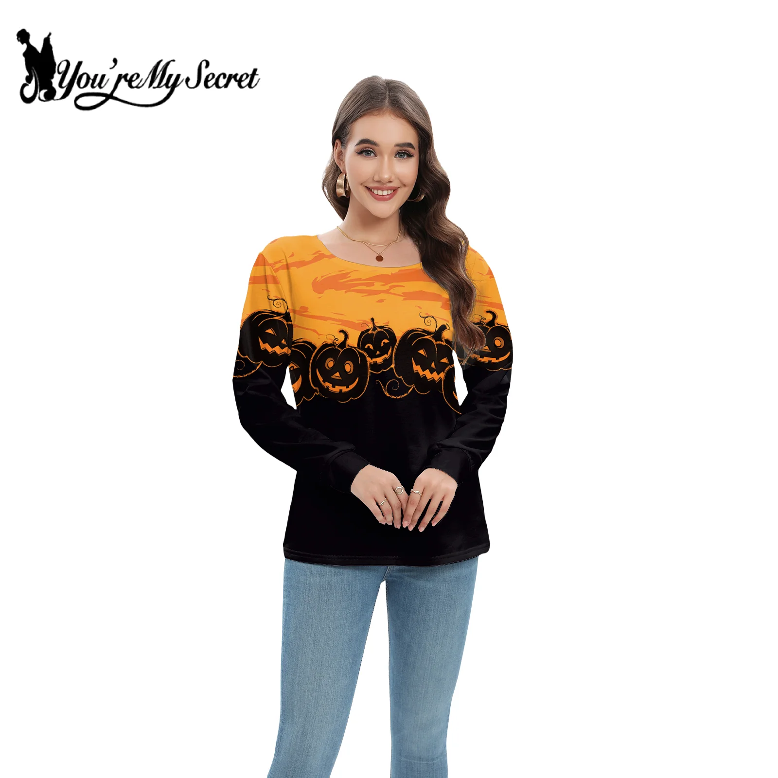 [You\'re My Secret] Halloween Party Women Slant Shoulder Long-sleeved Skeleton Printing Round Neck Pullover Sweatshirt Streetwear