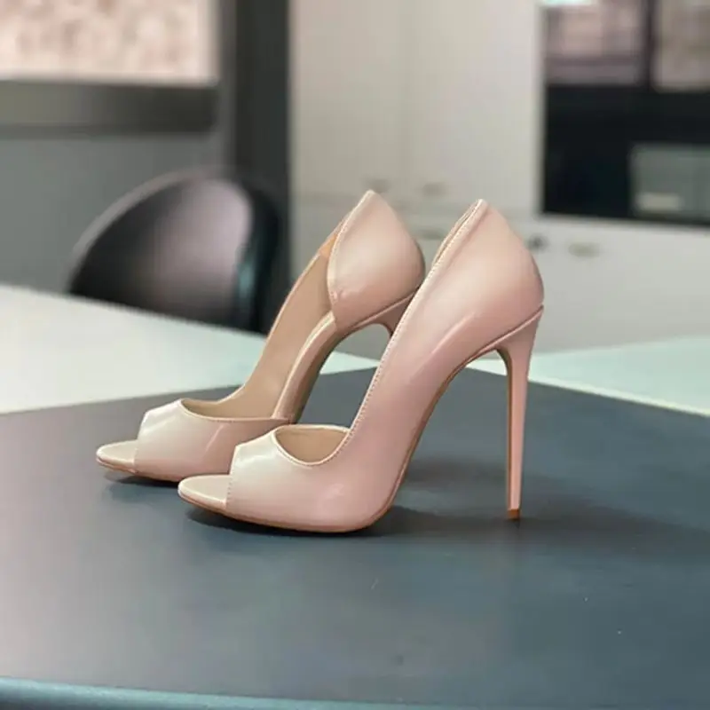 

Large Size46 Patent Leather Open Toe Stiletto Heel Pumps Cut-outs 12CM Celebrating Shoes Red Black Nude Customized