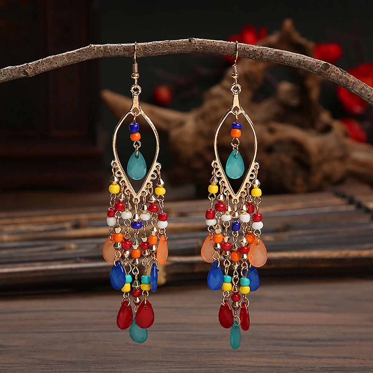 Ethnic Bohemian Rainbow Water Drop Tassel Earrings Multi Layer Beaded Summer Beach Music Festival and Program Performance