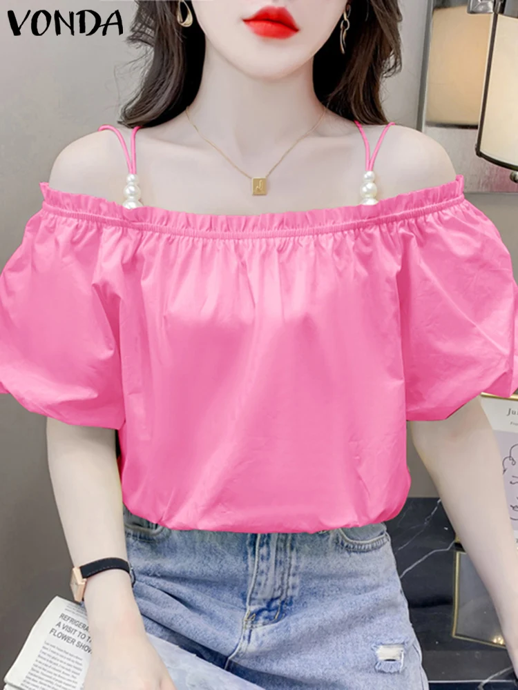 VONDA Sexy Off Shoulder Blouses Summer Tops 2024 Women Causal Fashion Bead Solid Shirts Loose Short Puff Sleeve Blusas Femininas