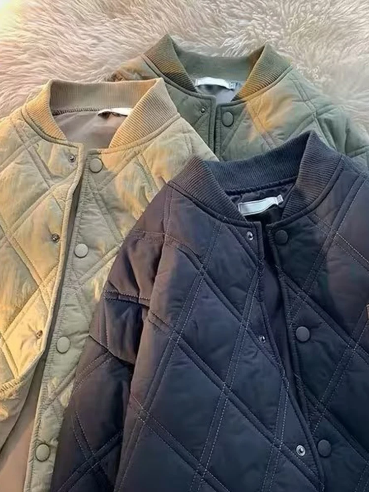 Thickened Diamond Pattern Cotton Jacket Warm Casual Baseball Style Men's Coat Retro American Style Couple's FashionableYY252