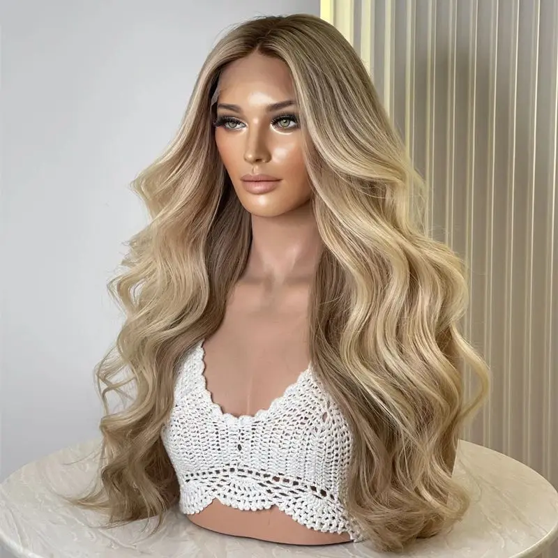 

Супернатуральные светлые пряди золотистого оттенка, синтетические волосы, мягкие, как еврейские парики с кружевной передней частью для женщин, супернатуральный парик с высокой плотностью.