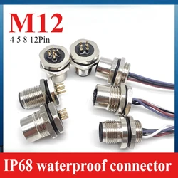 M12 4 5 8 12 Pin Male Female Cable Connector IP68 Waterproof Aviation Socket with 20CM Wire Open 12mm/16mm Panel Mount Sockets