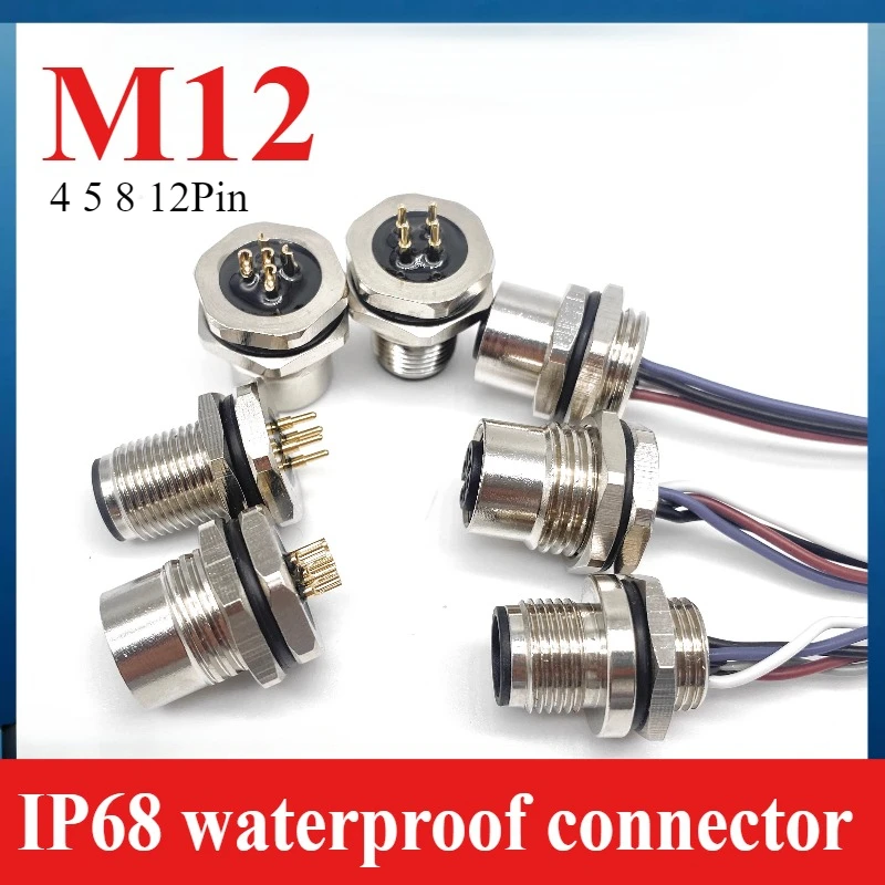 M12 4 5 8 12 Pin Male Female Cable Connector IP68 Waterproof Aviation Socket with 20CM Wire Open 12mm/16mm Panel Mount Sockets