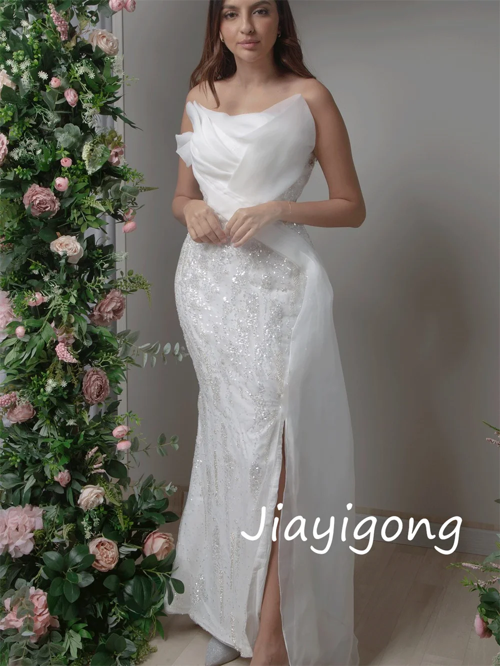 Vestidos largos sin tirantes de trompeta plisados con lentejuelas de Organza elegantes personalizados ocasión a medida brillo Simple