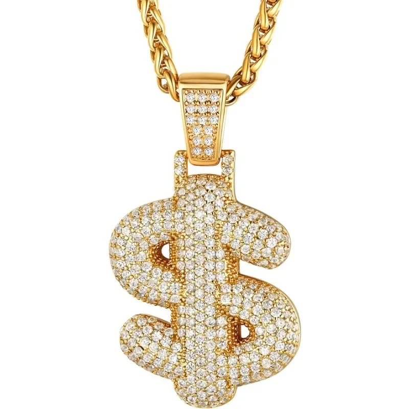 

Bubble Style Chunky USD Dollar Necklace Women Men Platinum/14K Gold Plated Hip Hop Crystal Pendant QC24