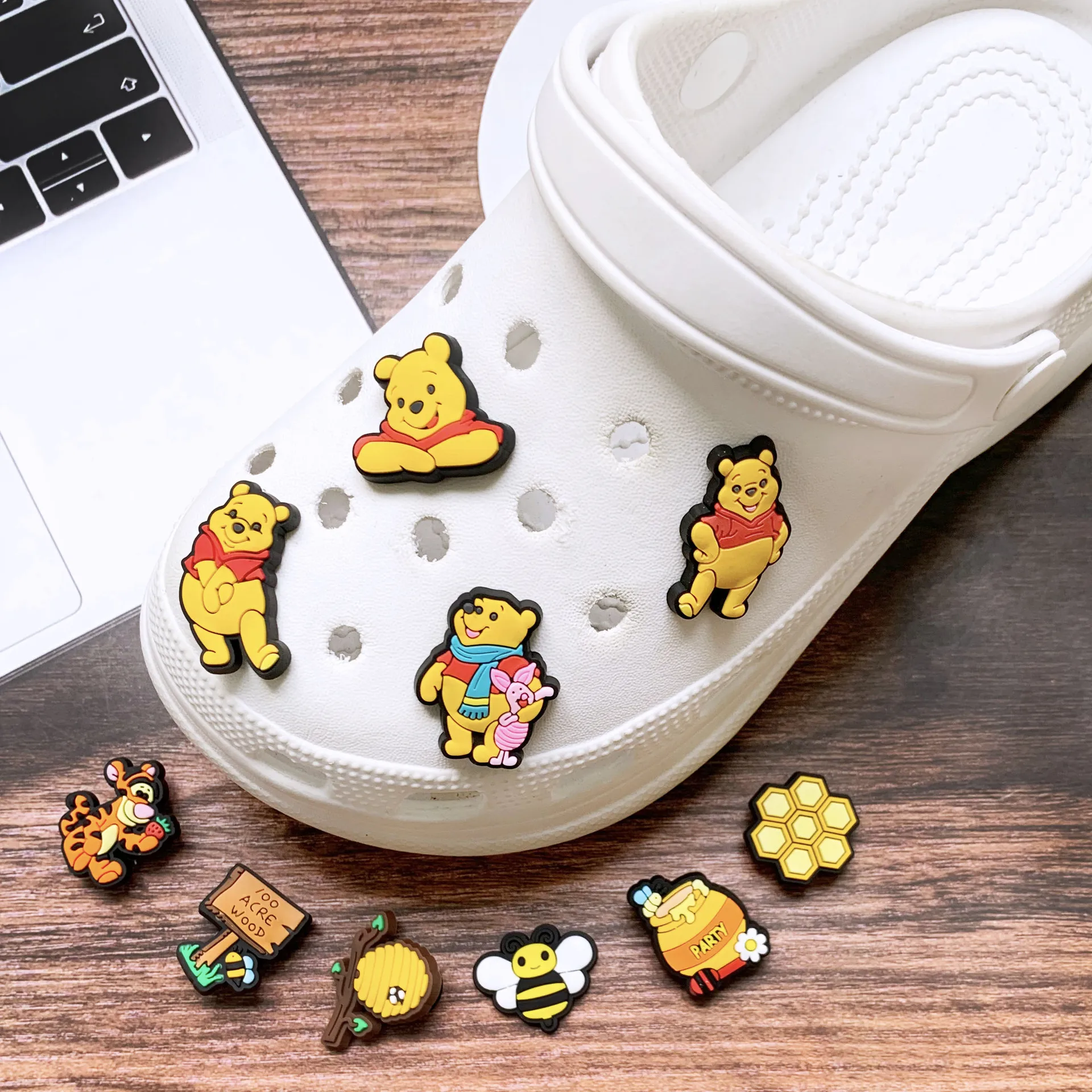 popular 14/28Pcs Winnie Pooh series PVC Shoe Charms for Crocs Cute Bear Piglet Bee Honey Ornaments DIY Shoe Accessories decor