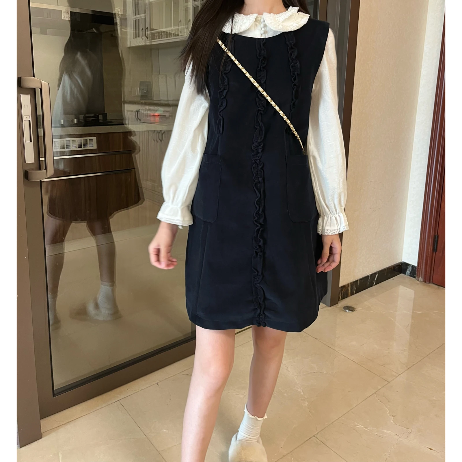 아일린 빈티지 베스트 스커트 숏 플래드 루즈 스윗 유스풀 드레스 코듀로이 작은 체형 여성용 레트로 스타일 라운드넥 드레스