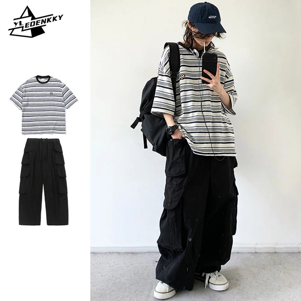 Summer Oversize Sets Men Women Japanese Stripe Loose Half Sleeve T-shirts Multi-pocket Wide-leg Straight Cargo Pants Casual Suit