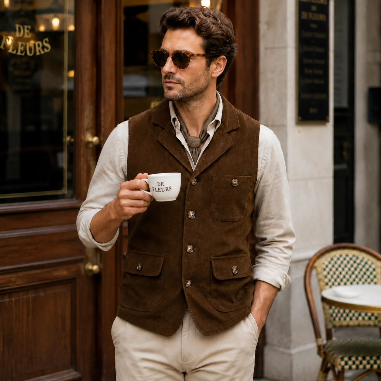 Chaleco de Traje de Pana Vintage para Hombre, con Solapa, Correa Trasera Ajustable, Sin Mangas, Estilo Casual de Negocios, con Múltiples Bolsillos