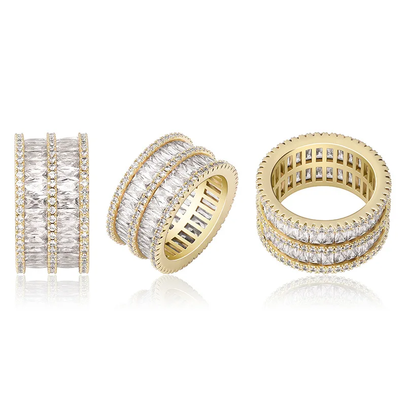 Men's Hip Hop Ring Iced Out Rhinestone CZ Rectangle Ring Luxury Style Wide Band Jewelry Punk Streetwear Accessories