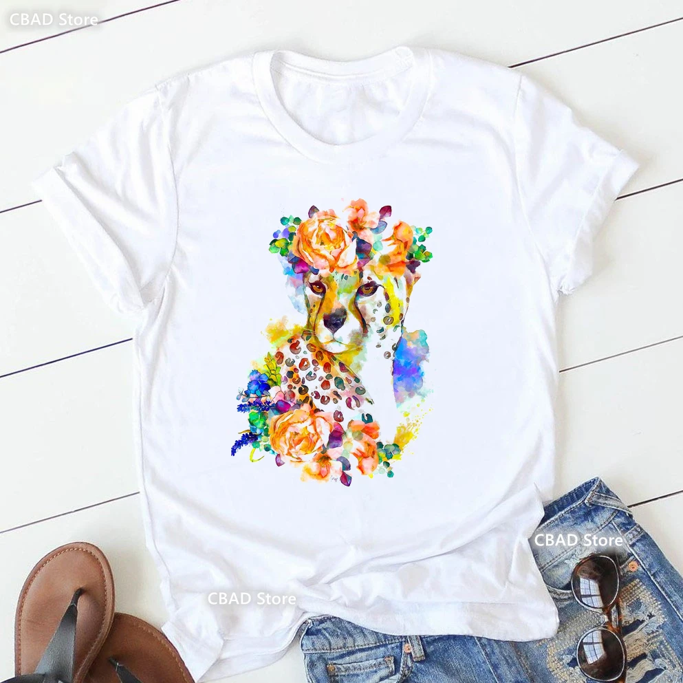 

Watercolor Leopard/Unicorn/Pig Flowers Print T Shirt Girls Summer Fashion Tops Tee Shirt Femme Harajuku Shirt Kawaii Clothes