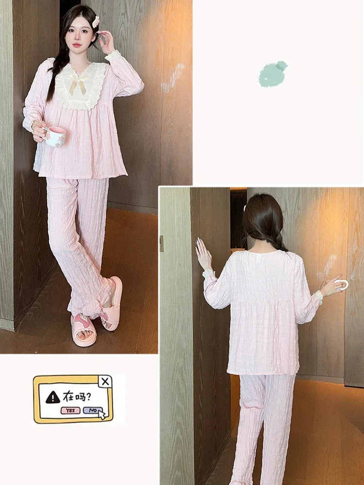 5XL 110kg Plus Size Korean Sweet Loungewear Ins Loose Pajamas set Women\'s Autumn Princess Style Long Sleeves Shirt snd Trousers