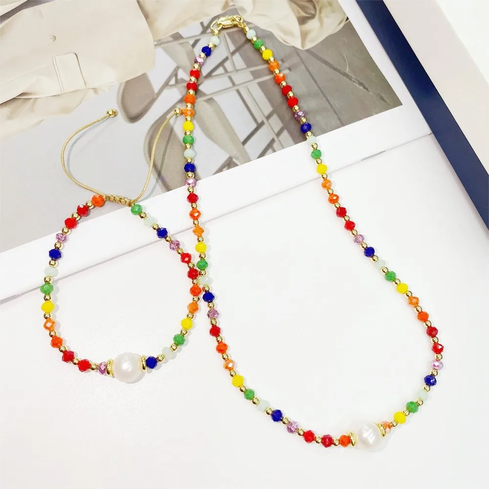 10 قطعة ، بوهو البوهيمي الصيف قوس قزح أساور لؤلؤ المياه العذبة أساور مجوهرات ملونة كريستال مطرز سوار للنساء