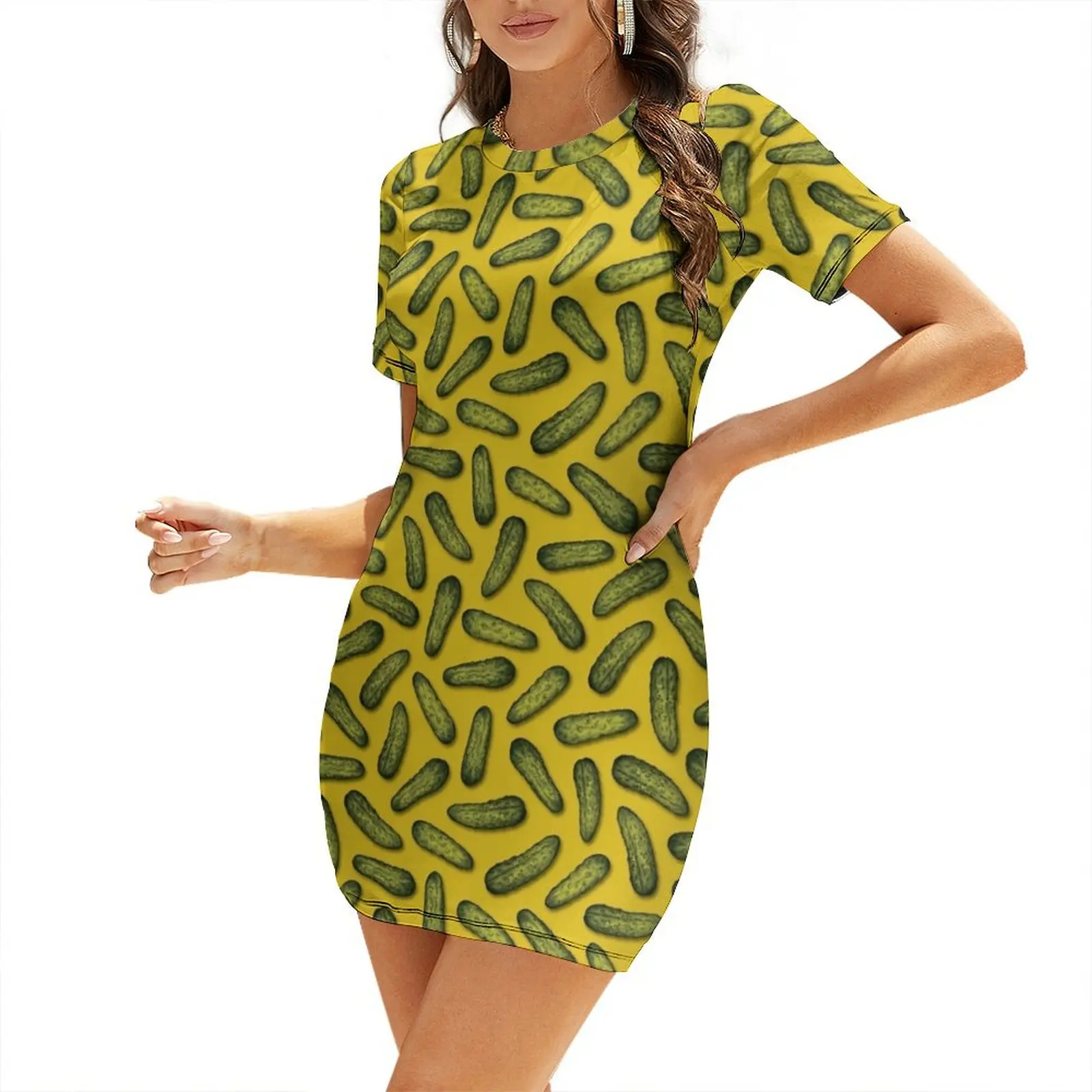 A Plethora Of Pickles - Green & Yellow Gherkin Pattern Short Sleeved Dress fairy dress sexy short dresses daring