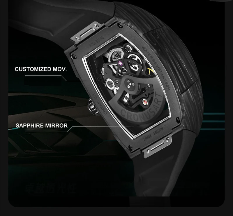 CRONUSART ساعة أوتوماتيكية للرجال من ألياف الكربون تونيو تونيو ساعة يد ميكانيكية بحزام مطاطي قابل للطي مقبض تاج مخفي