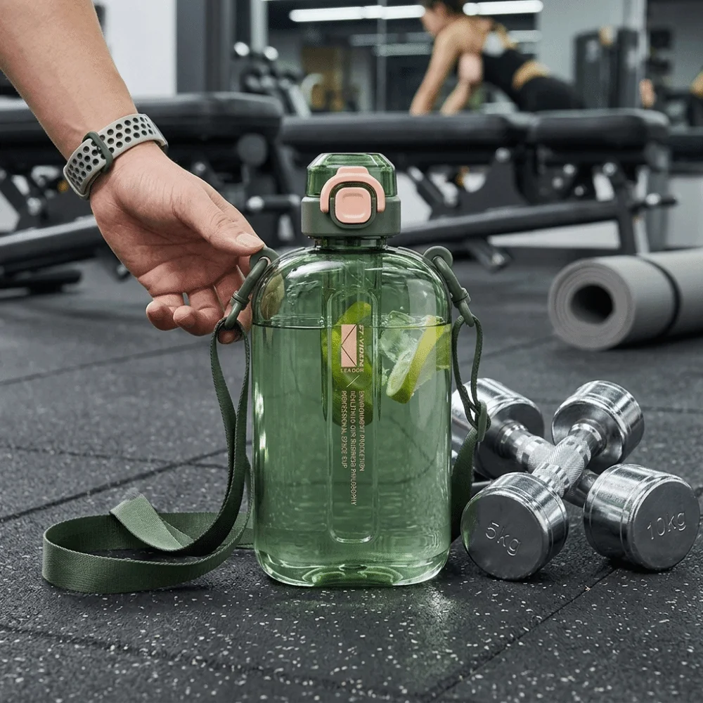 750ml Sports Water Cup Adjustable Shoulder Strap Leakproof Sealed Lid Drink Container Wide Mouth Drop Resistant Sturdy