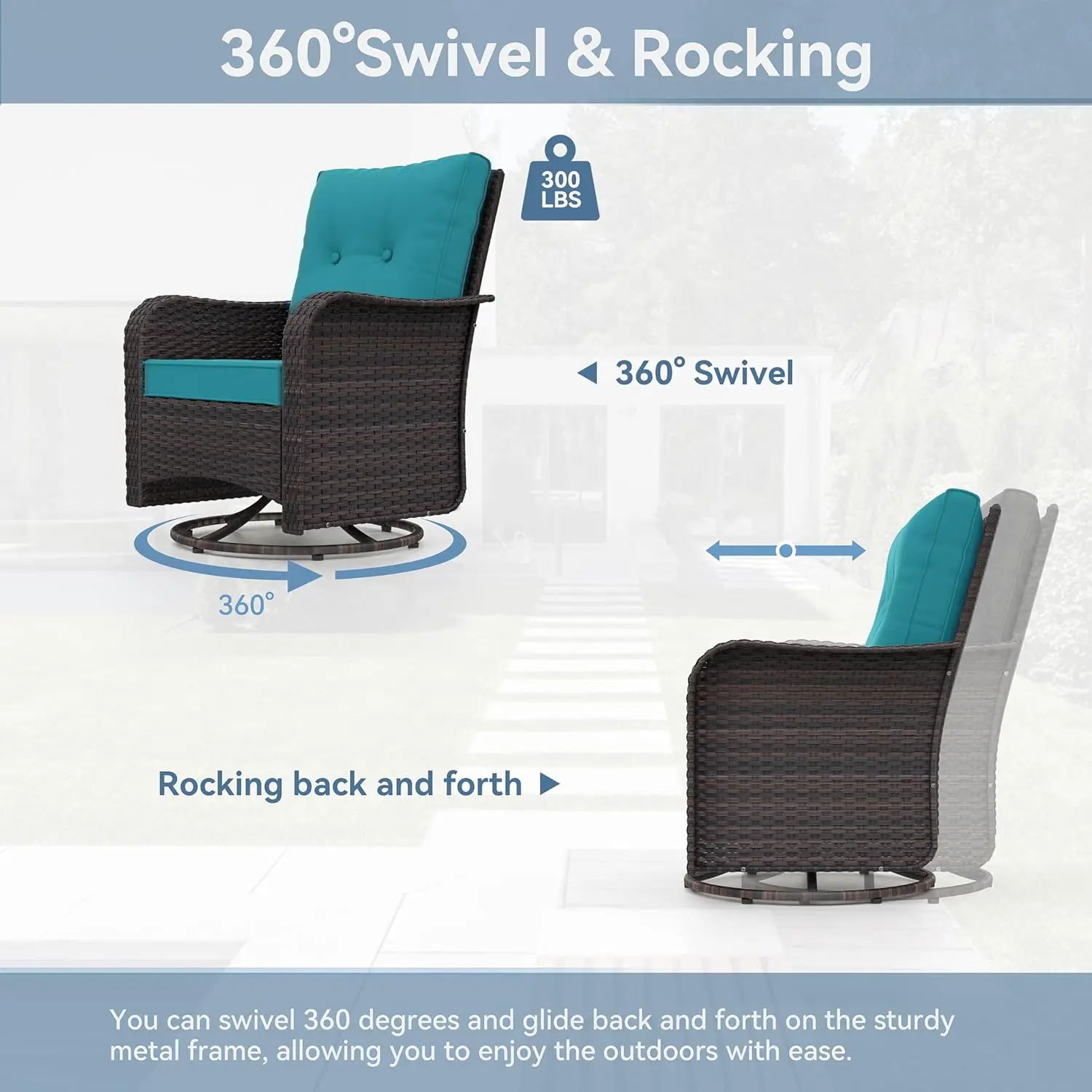 Outdoor Rattan Rocker Furniture Set, Gliders giratórios, Pátio de vime, Bistro Set, Rattan Rochair com vidro temperado lateral, 3 pcs