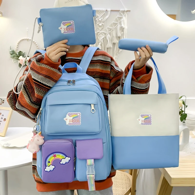 Ransel Set 4 Buah Ransel Siswa Motif Pelangi Mode Tas Sekolah Berpanel untuk Remaja Perempuan Tas Aksesori Unicorn Lucu